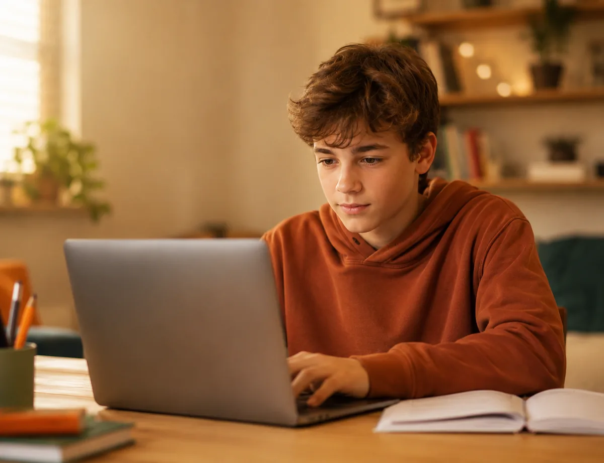 Un élève du secondaire concentré devant son ordinateur portable pendant une session de révision