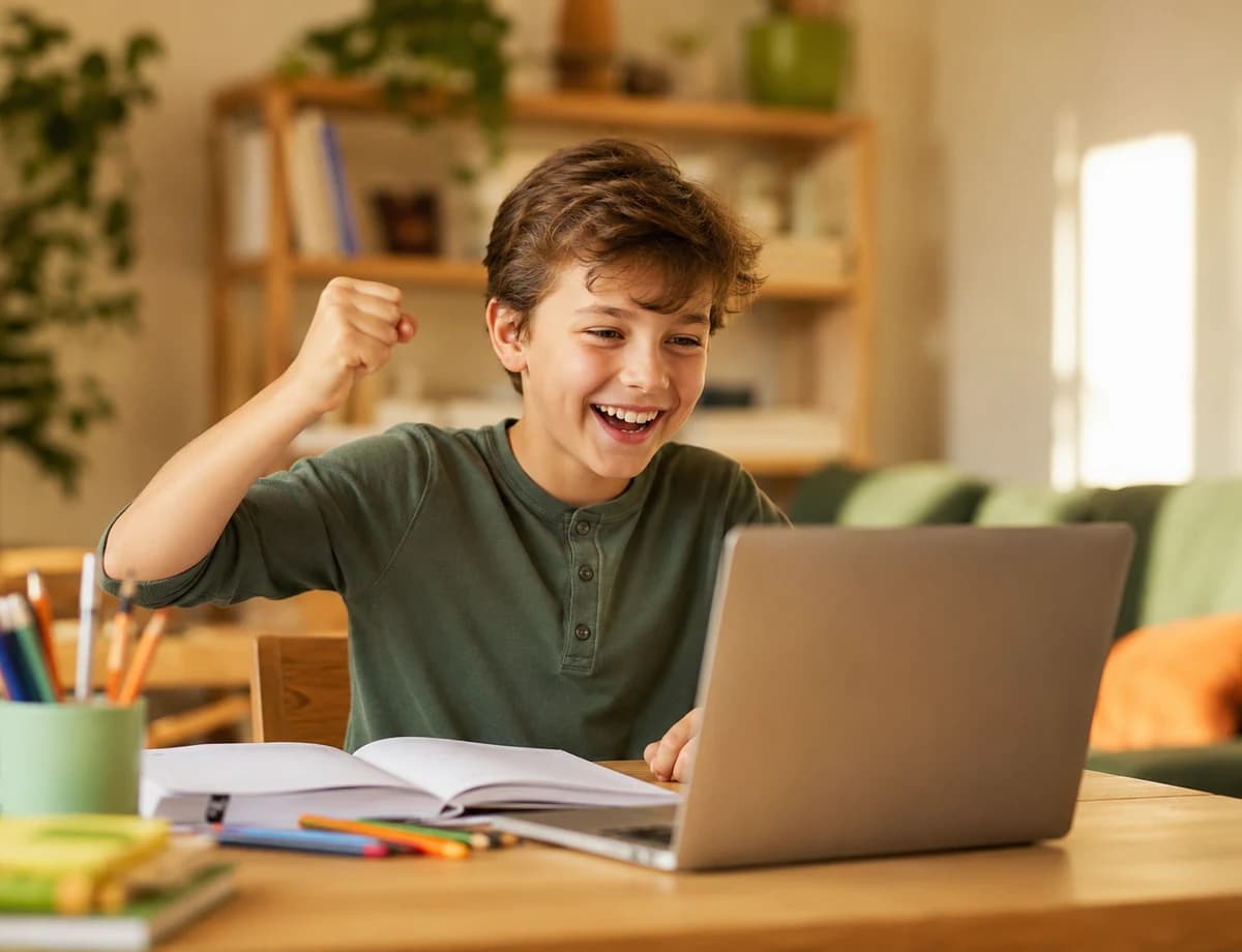 Un élève lève le poing de joie devant son ordinateur portable après avoir réussi un exercice