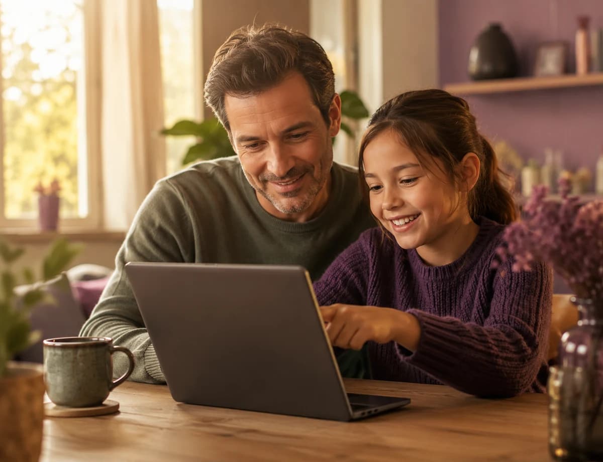 Un parent et sa fille regardent ensemble le suivi des progrès sur l'ordinateur portable